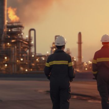 engineers in uniform walk and holding tablet checking in oil refinery field in morning, Generative AI